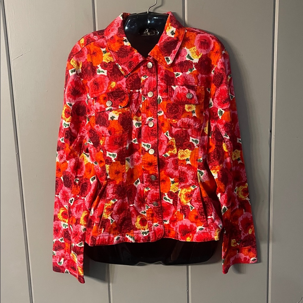 AMI Floral Blouse Top Red Coral Vintage Eclectic Grandma Cottage Whimsical Boho